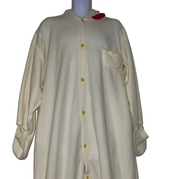 Fleece Chicken Rooster Unionsuit Costume Mens M Cream Halloween Hooded Oversized - Picture 2 of 10